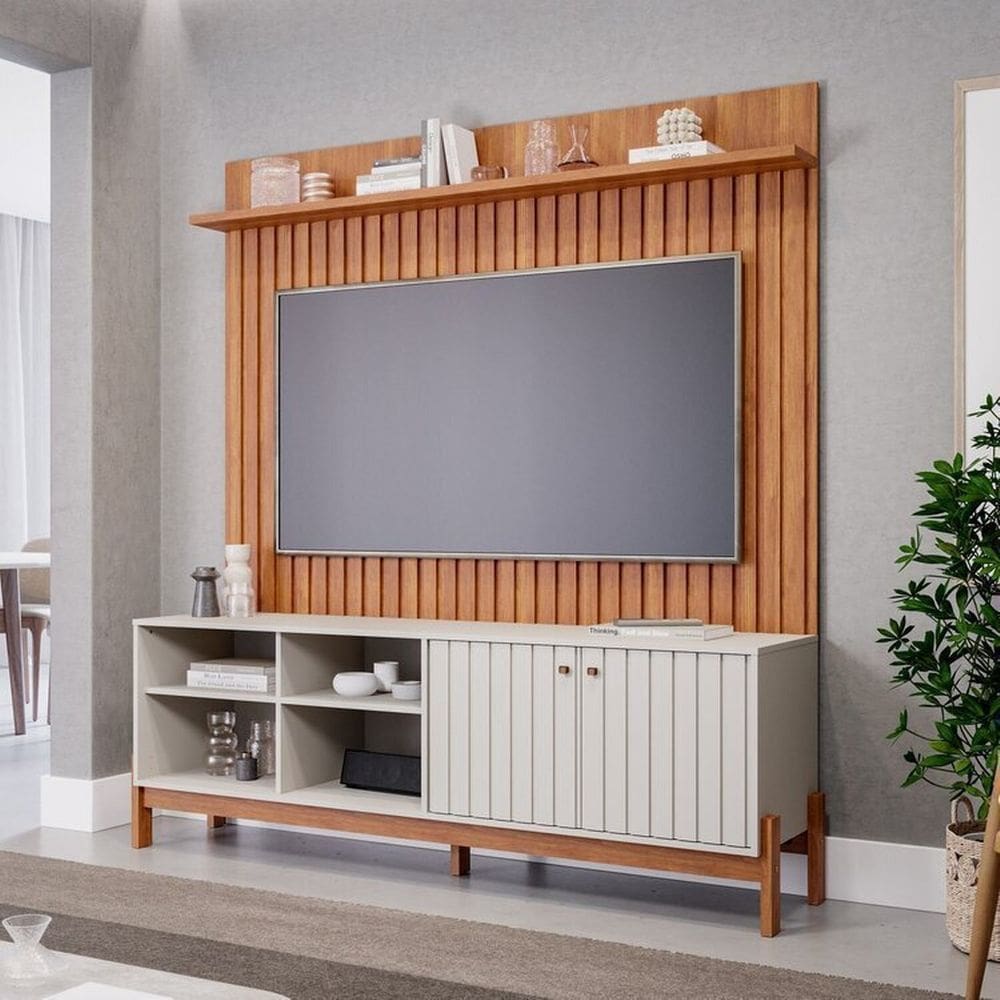 Conjunto Rack Holanda e Painel Trend para Tv de até 70 Polegadas 100% Mdf Espresso Móveis Cinamomo/Off White