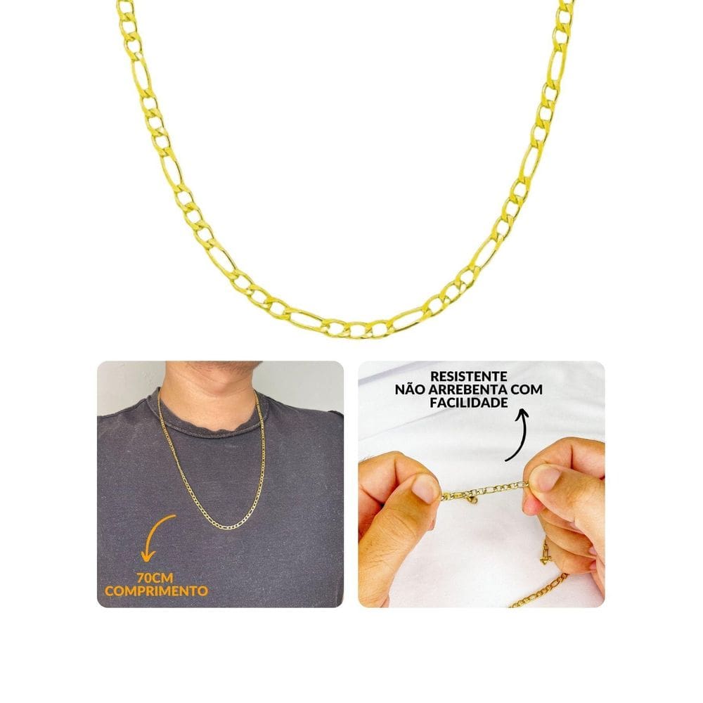 Corrente Cordão Masculino 70Cm Fígaro Dourado 3Mm Aço Inox