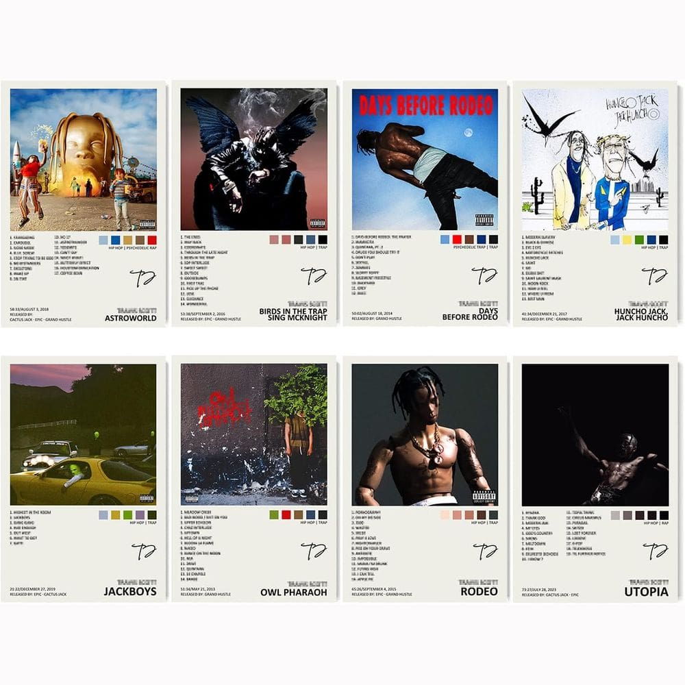 Conjunto de pôsteres: capa do álbum musical de Travis Scott, assinada com limitação