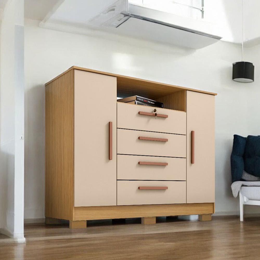 Cômoda Reforçada London Luxo 2 Portas e 4 Gavetas Carvalho Off White