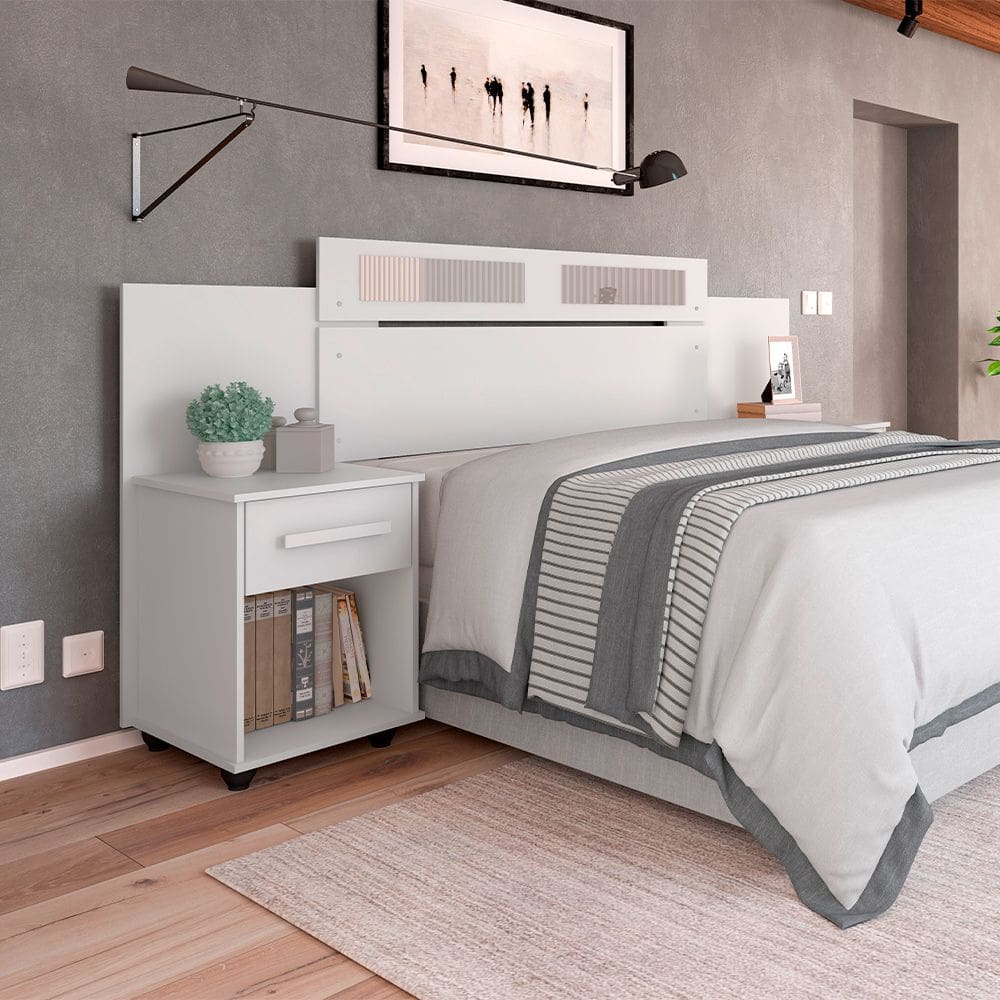 Cabeceira Acabamento Premium Extensível Jade com 2 Mesas de Cabeceira Branco