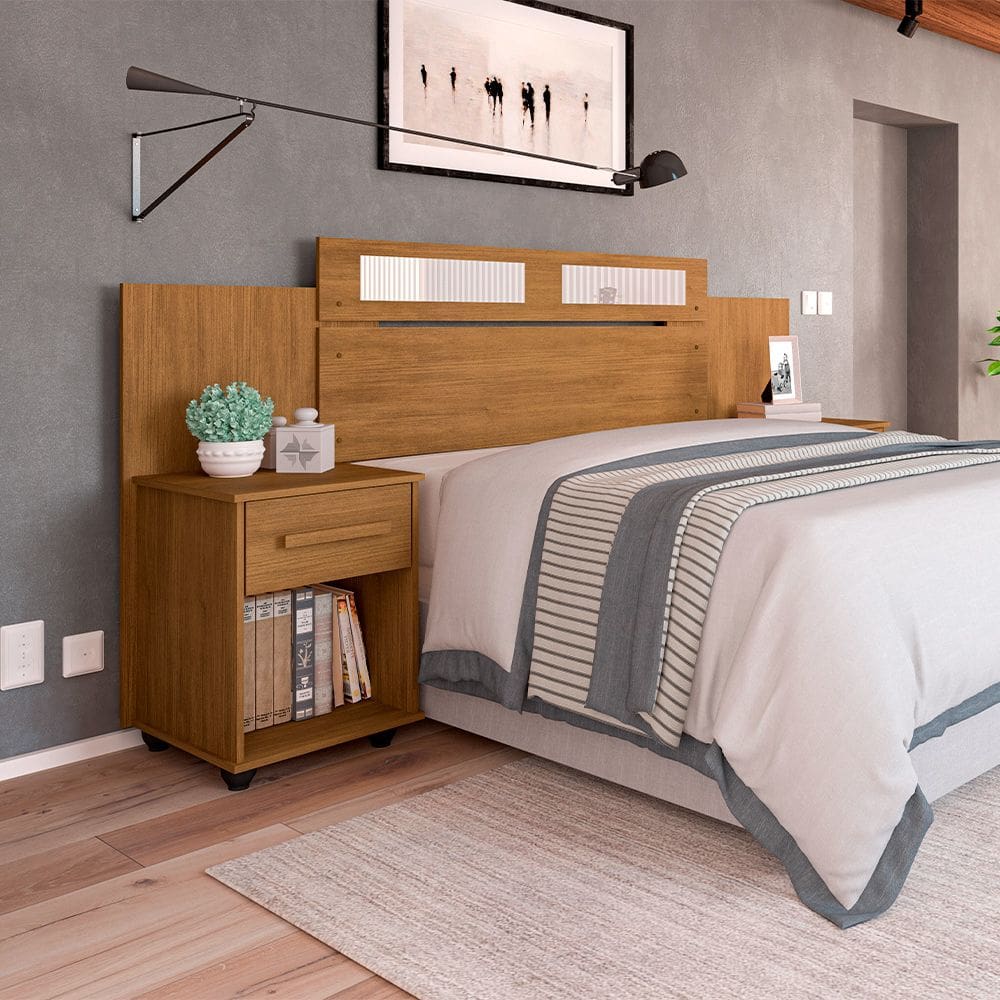 Cabeceira Acabamento Premium Extensível Jade com 2 Mesas de Cabeceira - Amêndoa