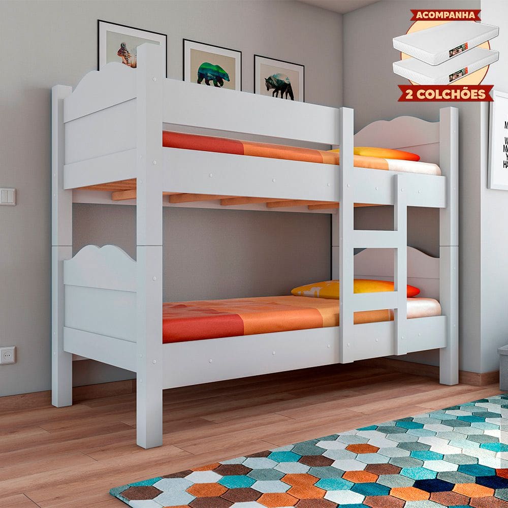 Beliche Reforçada Multifuncional Que Vira 2 Camas Madrid com Grades de Proteção Branco 2 Colchoes