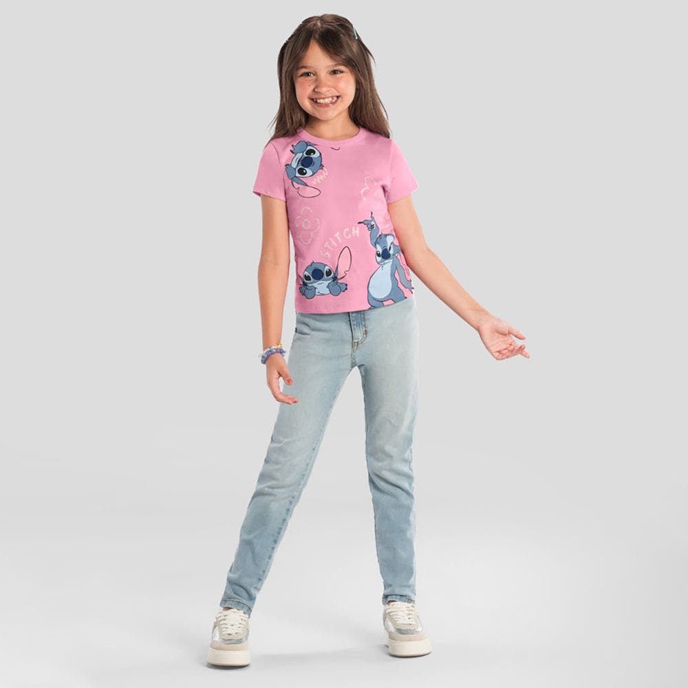 Blusa infantil menina em malha do Stitch Rosa Brandili