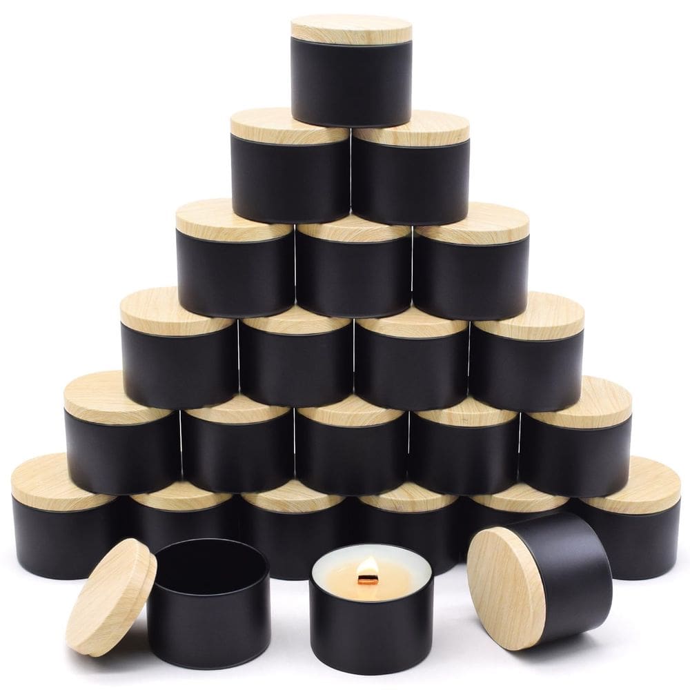 Latas de vela YJHSS Black 120 ml, pacote com 24 tampas de metal em grão de madeira