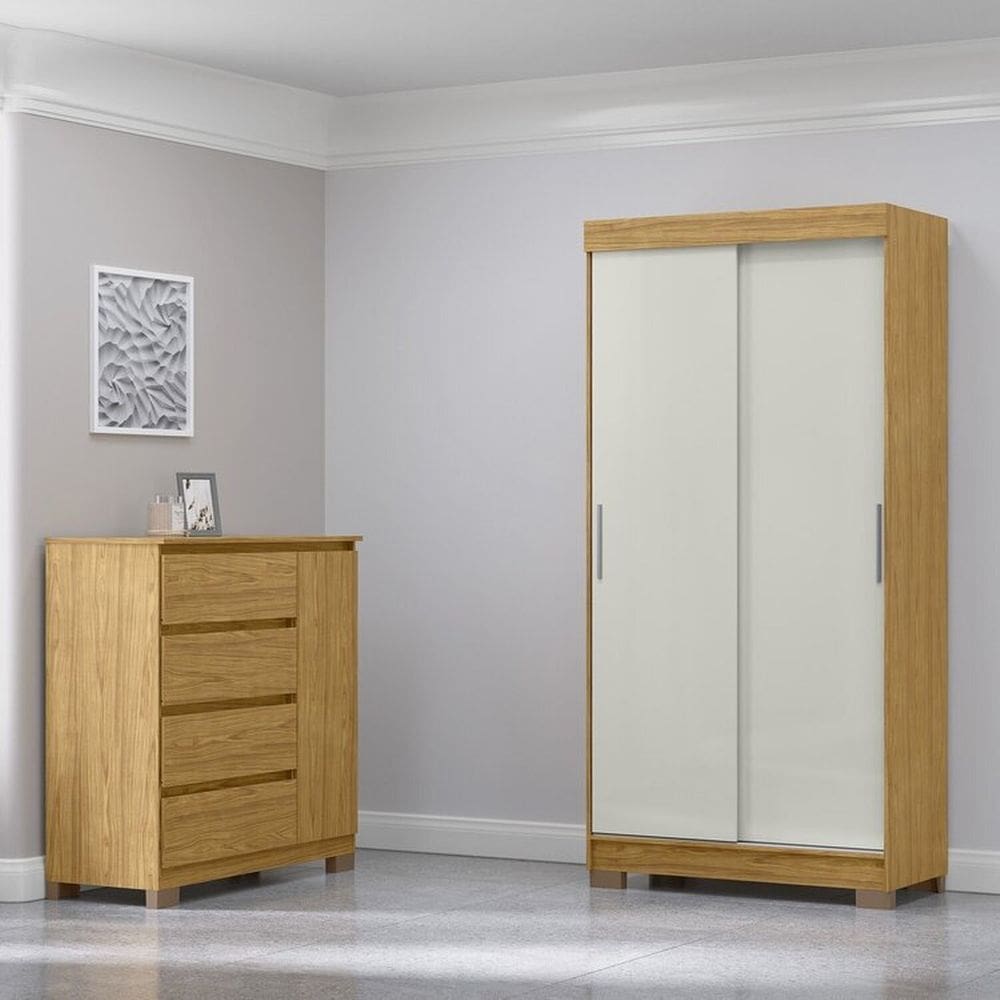Conjunto Guarda-Roupa 2 Portas de Correr e 2 Gavetas Antares com Cômoda 1 Porta e 4 Gavetas Vega Marrocos/Off White