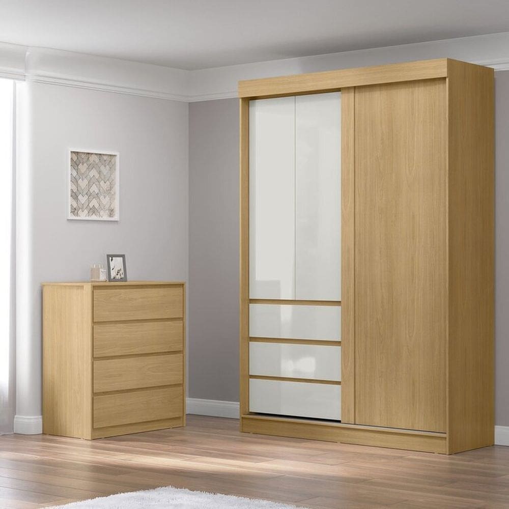 Conjunto Guarda-Roupa 3 Portas e 3 Gavetas Bagdá com Cômoda 4 Gavetas Carla Castanho/Off White