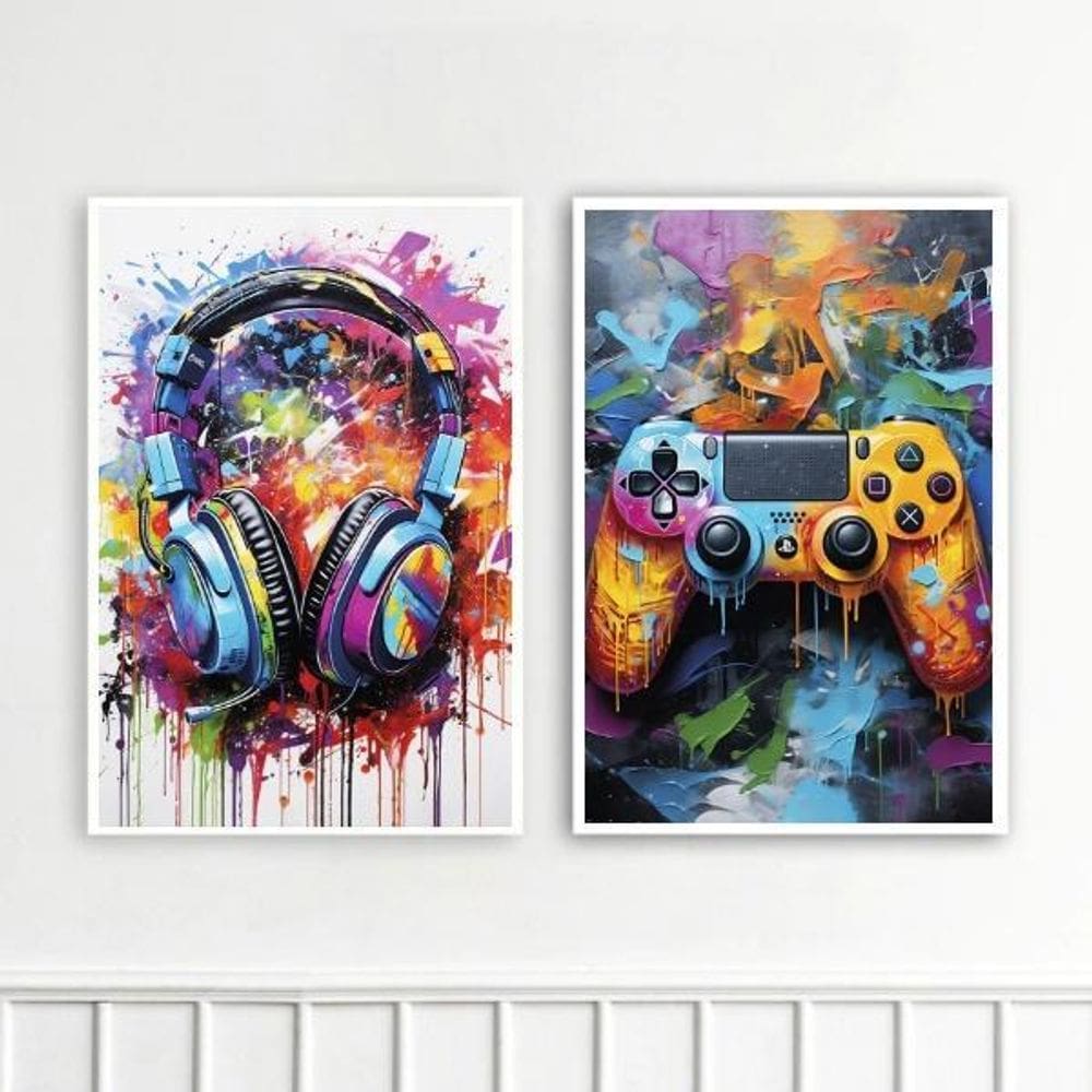 Kit 2 Quadros Controle Vídeo-Game E Fone De Ouvido 45X34Cm
