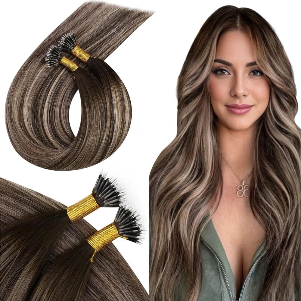 Extensões de cabelo humano Nano Bead Ugeat Ash Brown 50cm