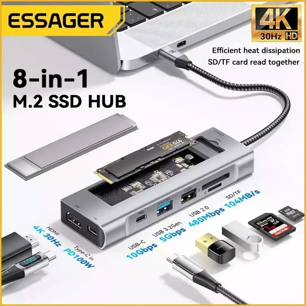 Hub USB Essager 8 em 1 Docking Station USBC com Armazenamento para MacProAir M1M2
