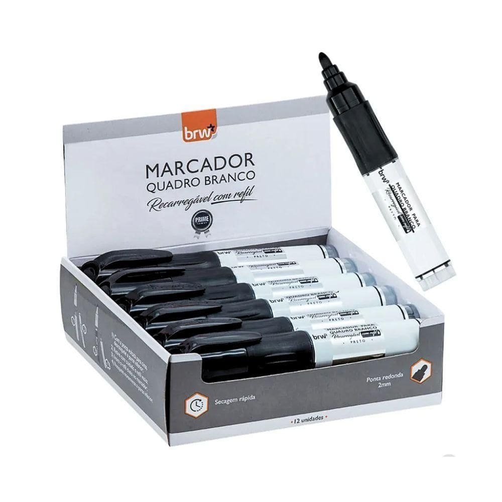 Caixa Pincel Marcador Quadro Branco Recarregável Com Refil 12 Unidades Brw Preto
