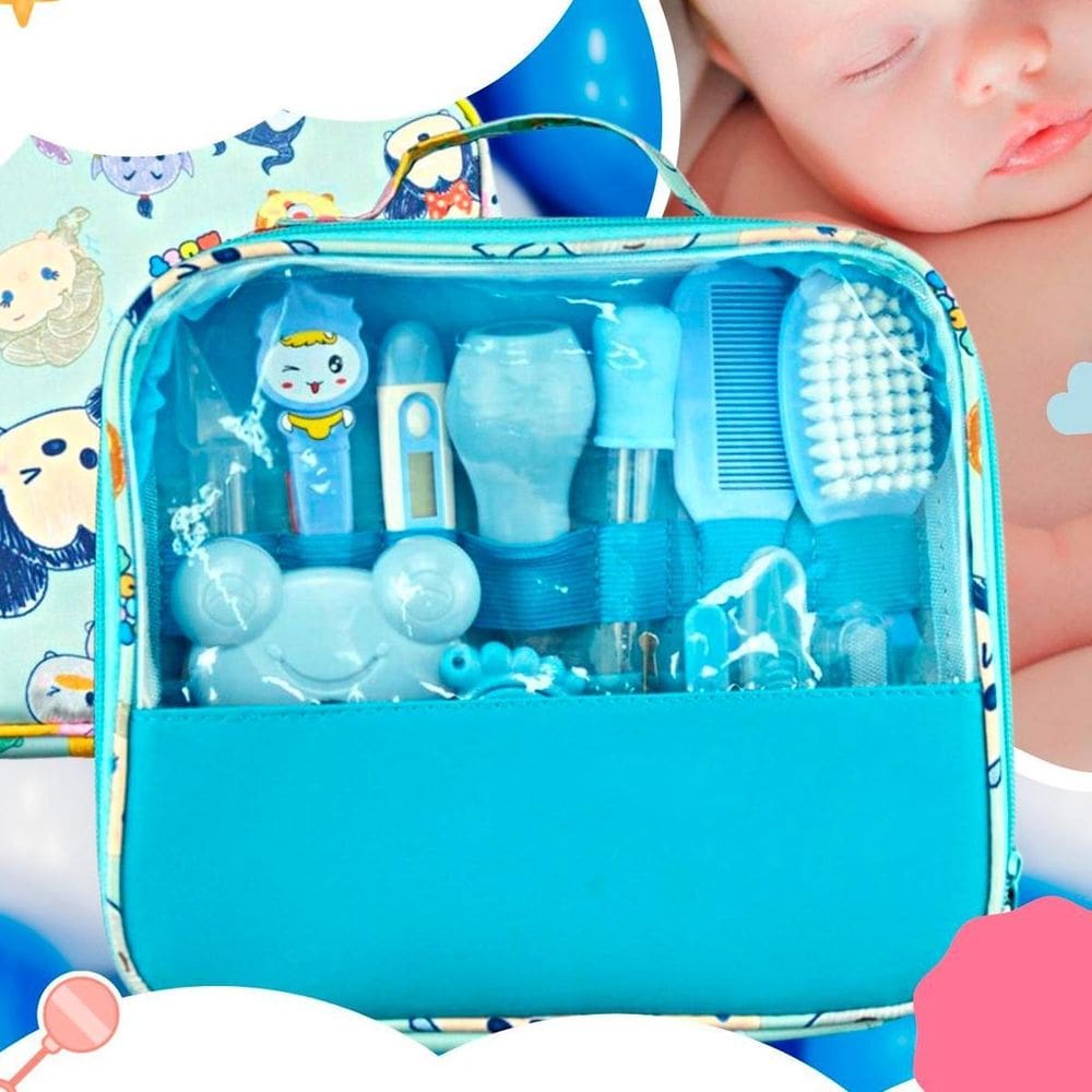 Kit Higiene Bebê Azul Aspirador Nasal Escova Tesoura