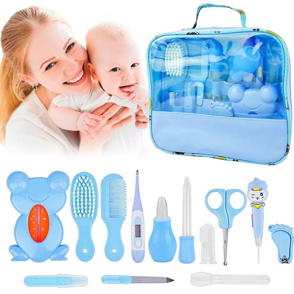 Kit Higiene Bebê Azul Aspirador Nasal Escova Tesoura