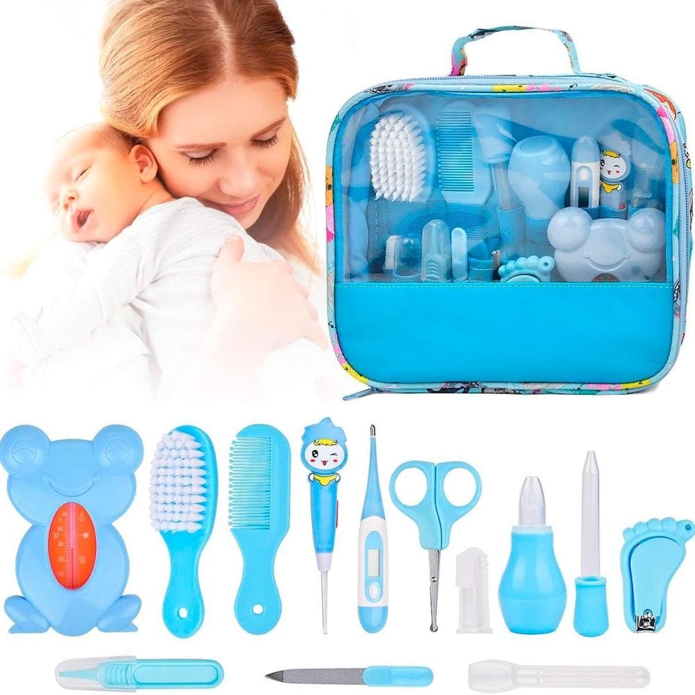 Kit Higiene Bebê Azul Aspirador Nasal Escova De Dedo Bolsa