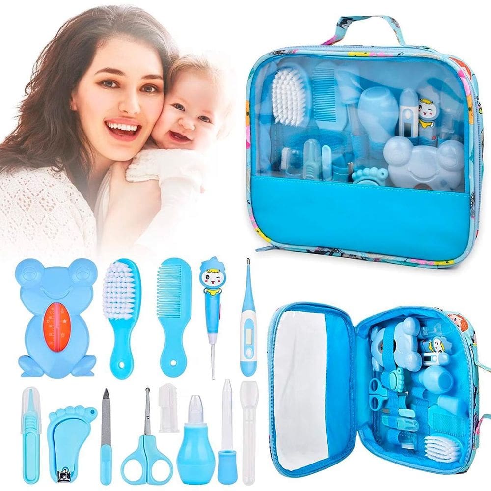 Kit Higiene Bebê Azul Aspirador Nasal Escova Tesoura