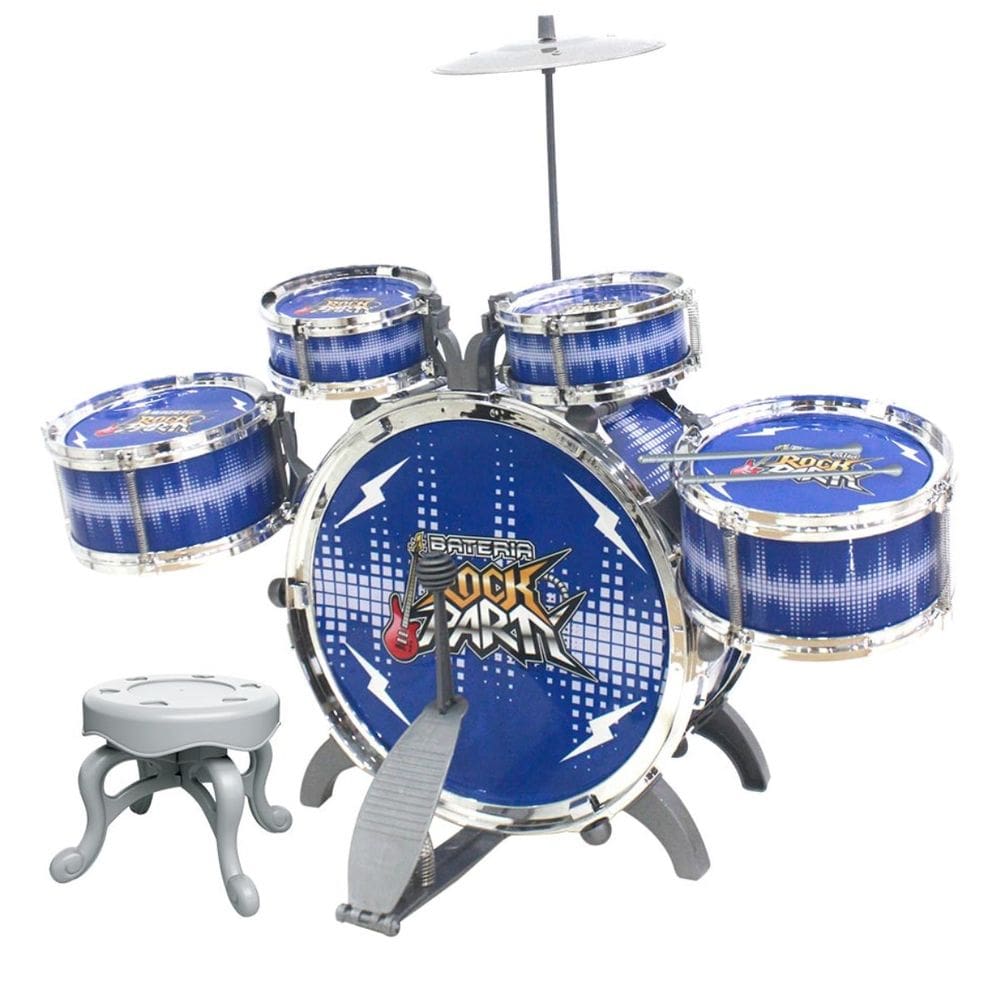 Bateria Infantil Rock Party Com Banquinho Banqueta Meninos