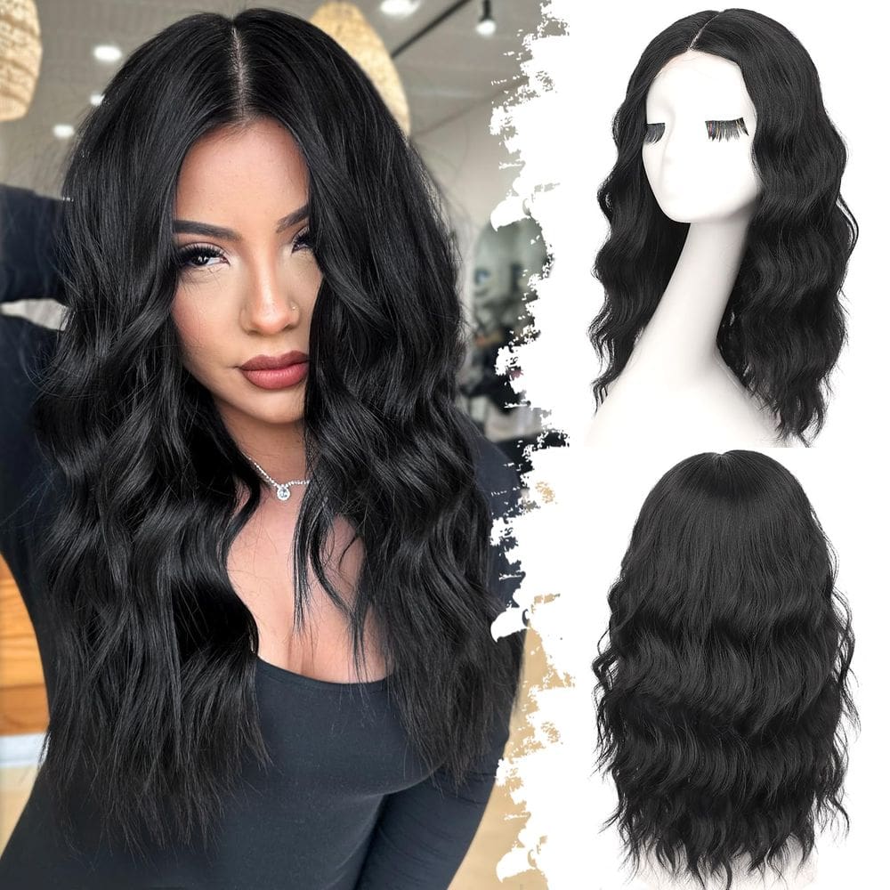 Peruca Eawwii preta curta ondulada para mulheres Bob Style 45cm