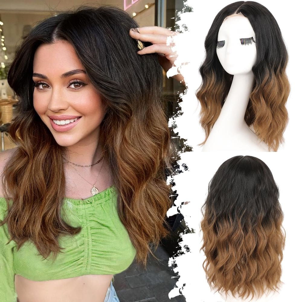 Peruca Eawwii Ombre Brown Short Wavy Bob Style Sintética 18 polegadas