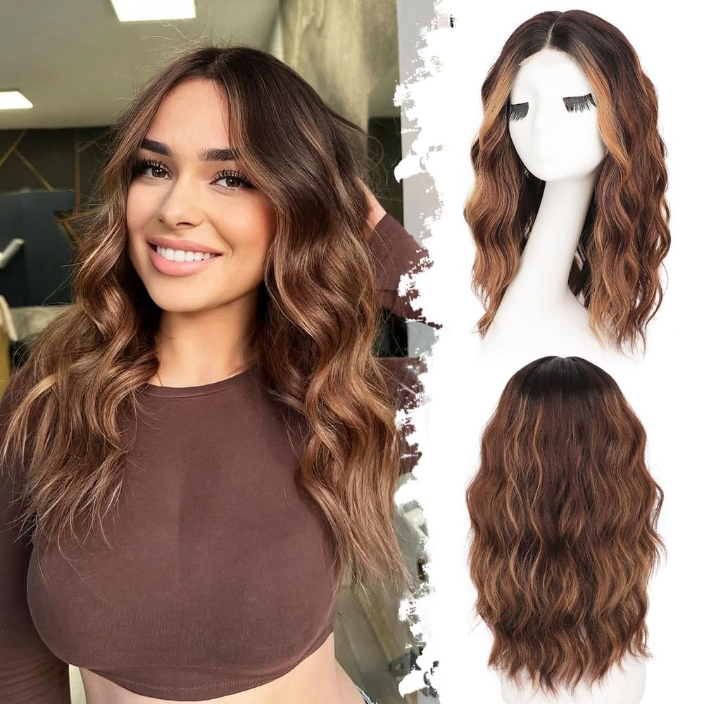 Peruca Eawwii Brown Highlight Short Wavy para mulheres de 18 polegadas