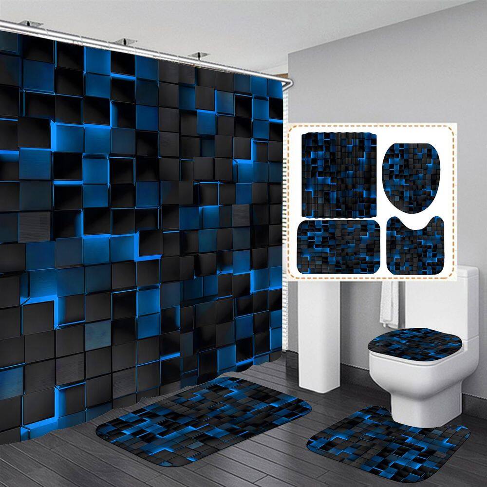 Conjunto de cortinas de chuveiro LQCOOL, 4 peças de cubos 3D pretos com tapetes (preto e azul)