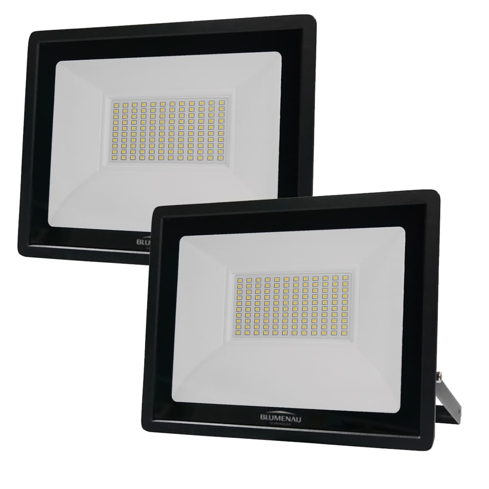 Kit 2 Refletor de Led Slim 100W Prova Dágua Preto Bivolt 6500K Frio