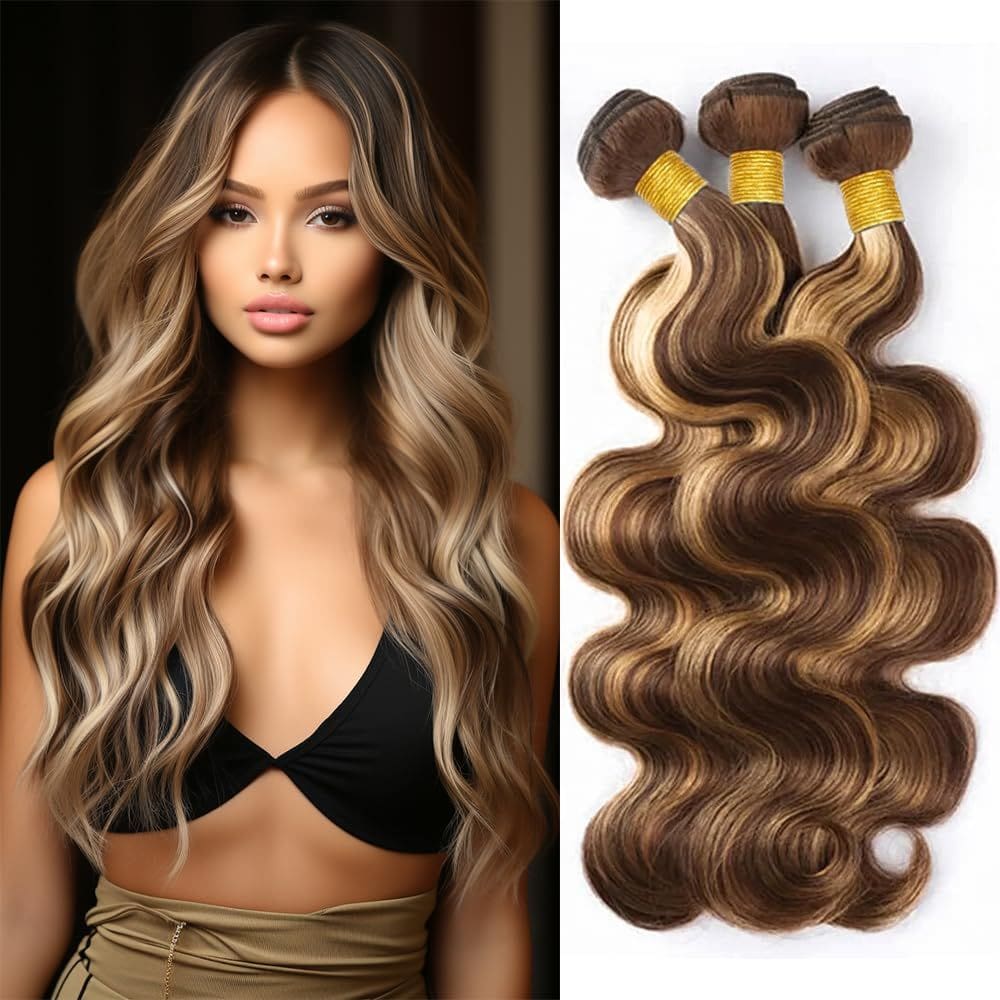 Pacotes de tecelagem de cabelo QEUOPE Highlight Body Wave P4/613 30 cm 35 cm 40 cm