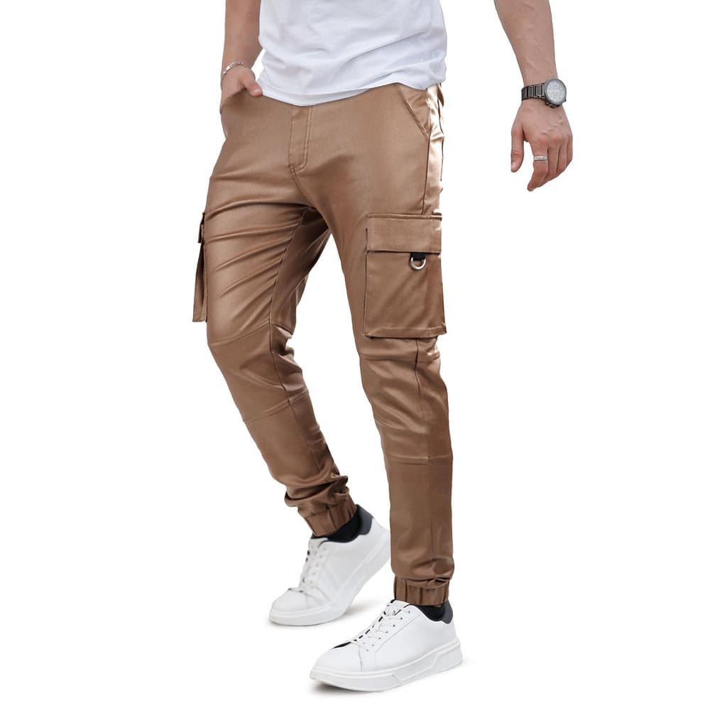 Calças cargo GINGTTO Moto Style Leather Slim Fit para homens