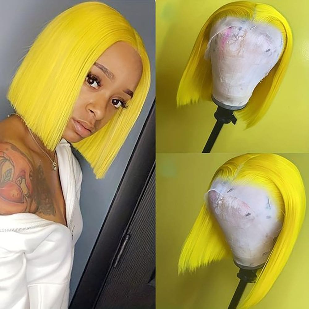 Peruca MYMYDA Short Yellow Lace Front Bob 25 cm de cabelo humano