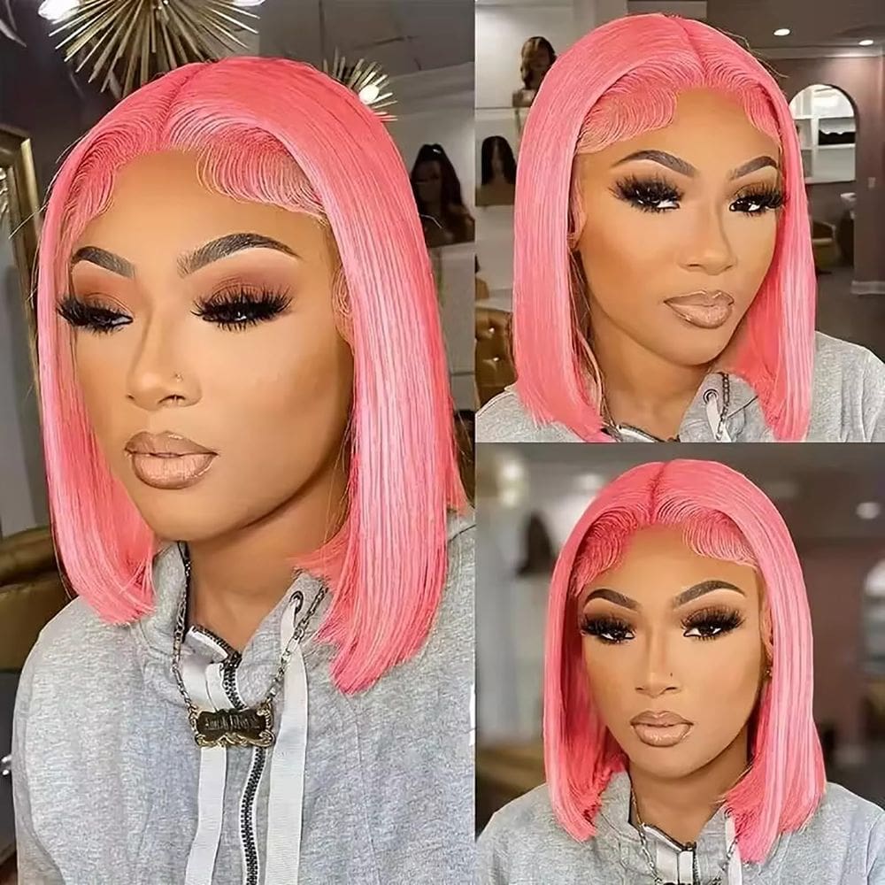 Peruca MYMYDA, curta, rosa, renda frontal, 25 cm, cabelo humano, mulher