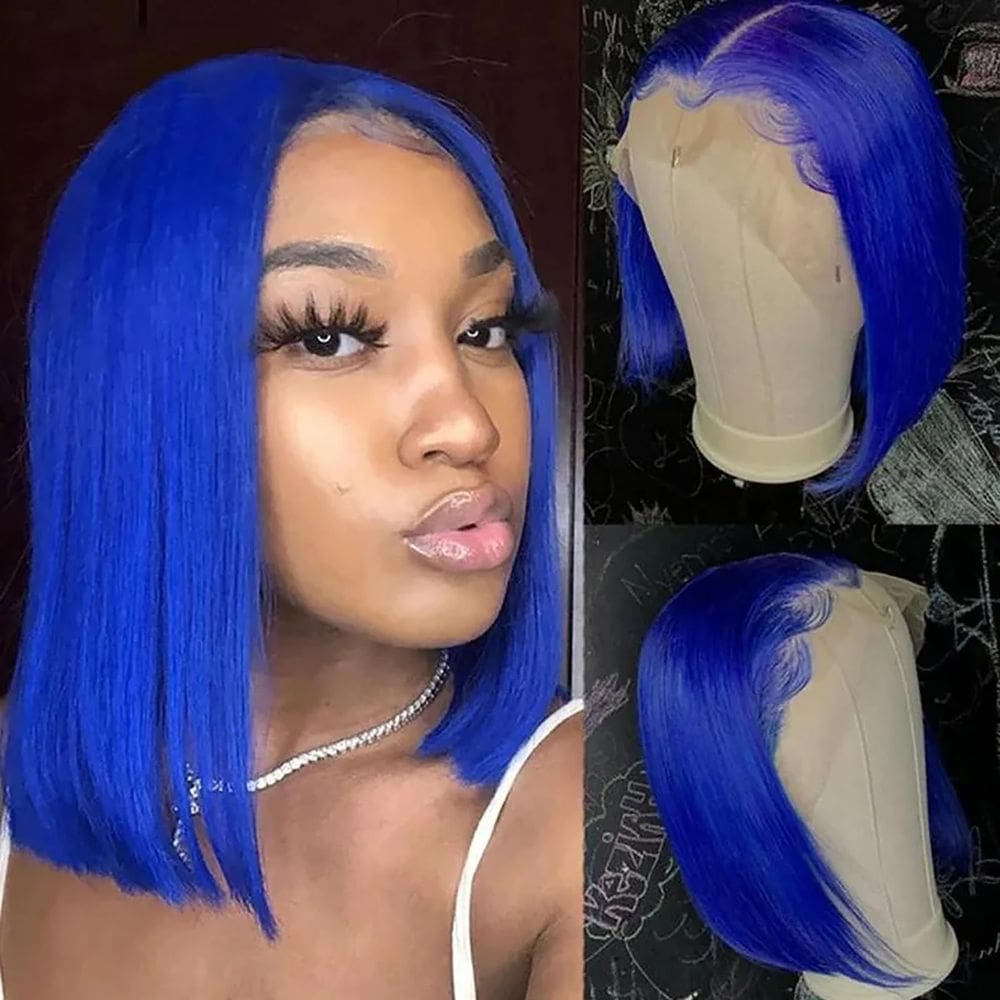 Peruca MYMYDA Short Blue Lace Front Bob 25 cm de cabelo humano feminino