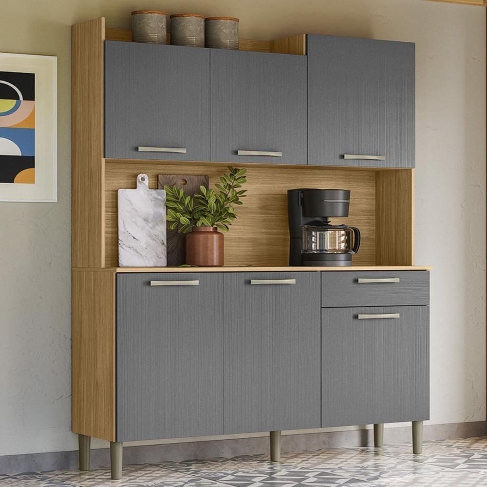 Armário De Cozinha Compacta Mdf 6 Portas 1 Gaveta Gênova Plus Freijó Gris