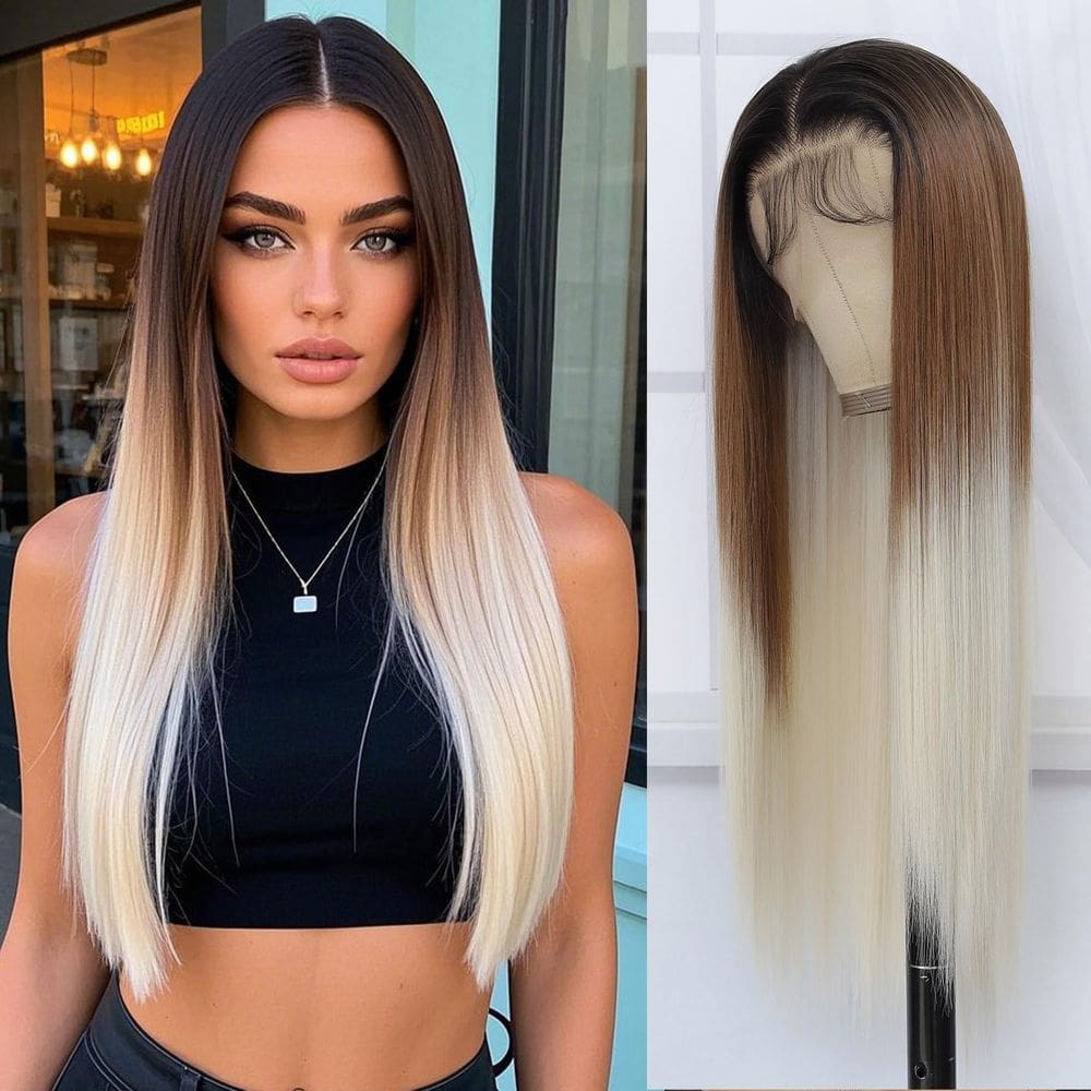 Peruca frontal de renda sintética Amarlis 13x6 66cm Ombre Brown Blonde