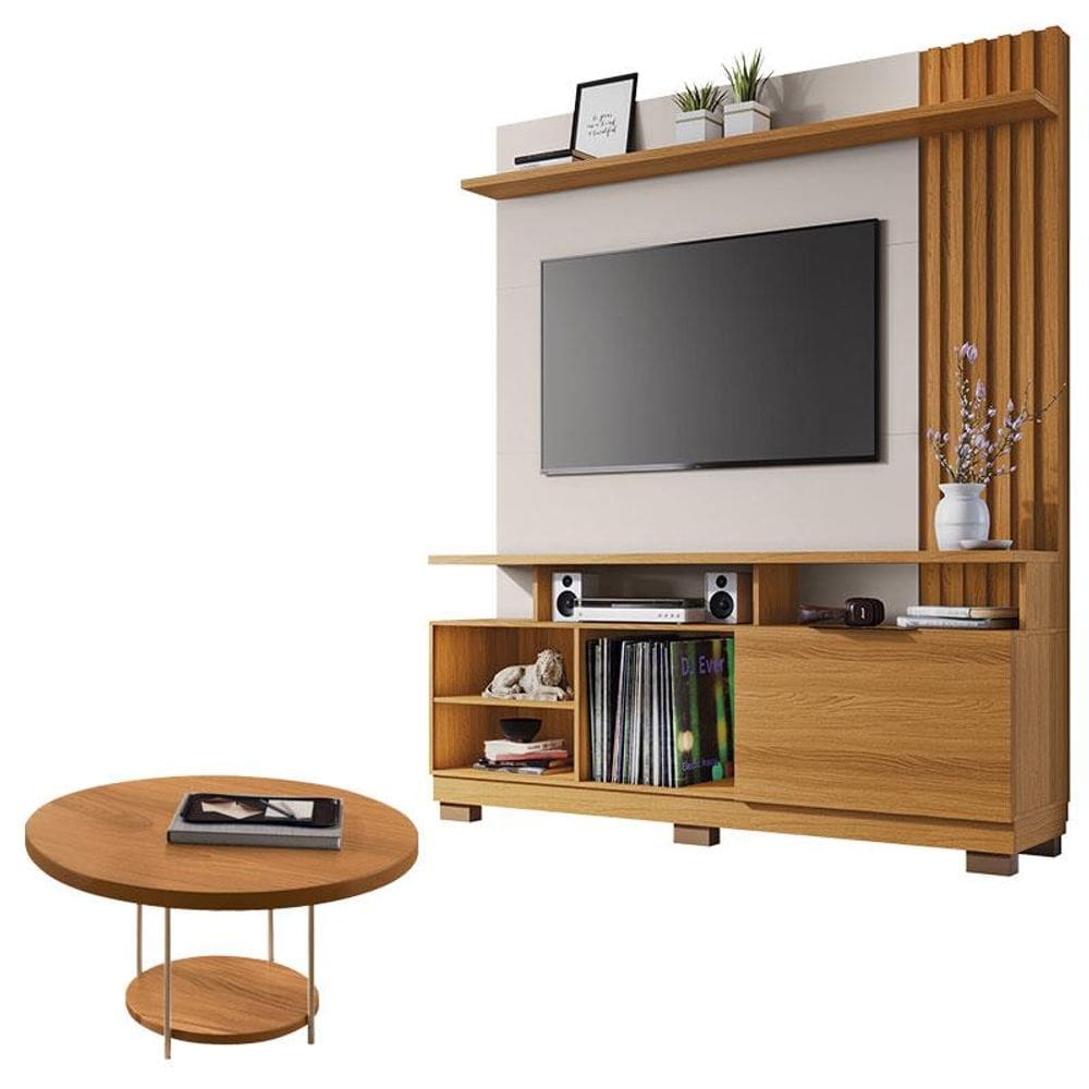 Estante Home Theater Artheo Cinamomo Off White e Mesa de Centro Sky Cinamomo- HB Móveis
