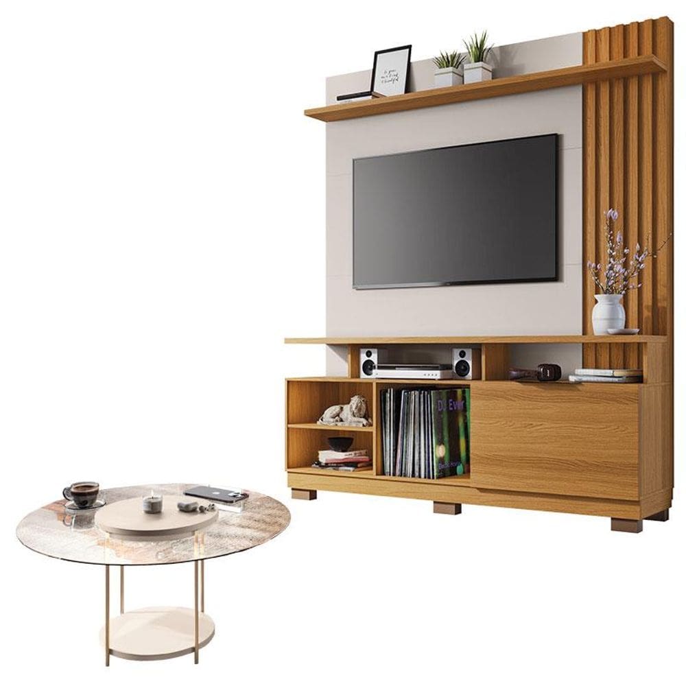 Estante Home Theater Artheo Cinamomo Off White e Mesa de Centro Sky com Tampo de Vidro Off White- HB Móveis