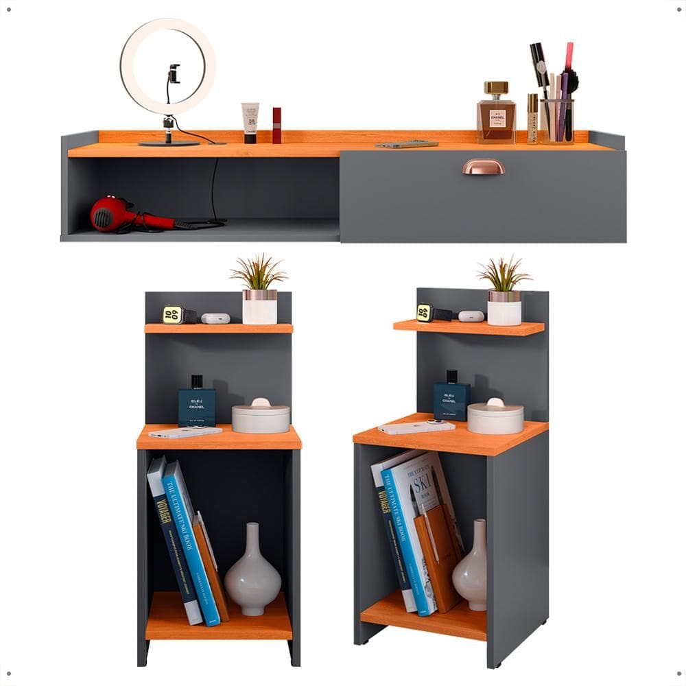 Kit 2 Mesas Cabeceira Mesinha Lateral Fantasy Cinza/Cinamomo Penteadeira Suspensa Camarim Decor Puxador Concha Quarto - Lojas RPM