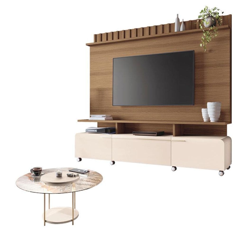 Estante Home Theater Artís Castanho Off White e Mesa de Centro Sky com Tampo de Vidro Off White – HB Móveis