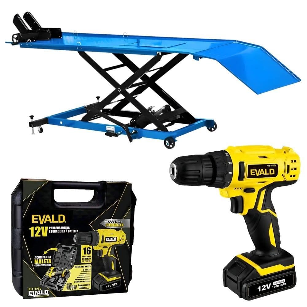 Elevador Hidráulico de Motos até 450 Kgs e Parafusadeira e Furadeira Bateria 12V e Kit EVALD