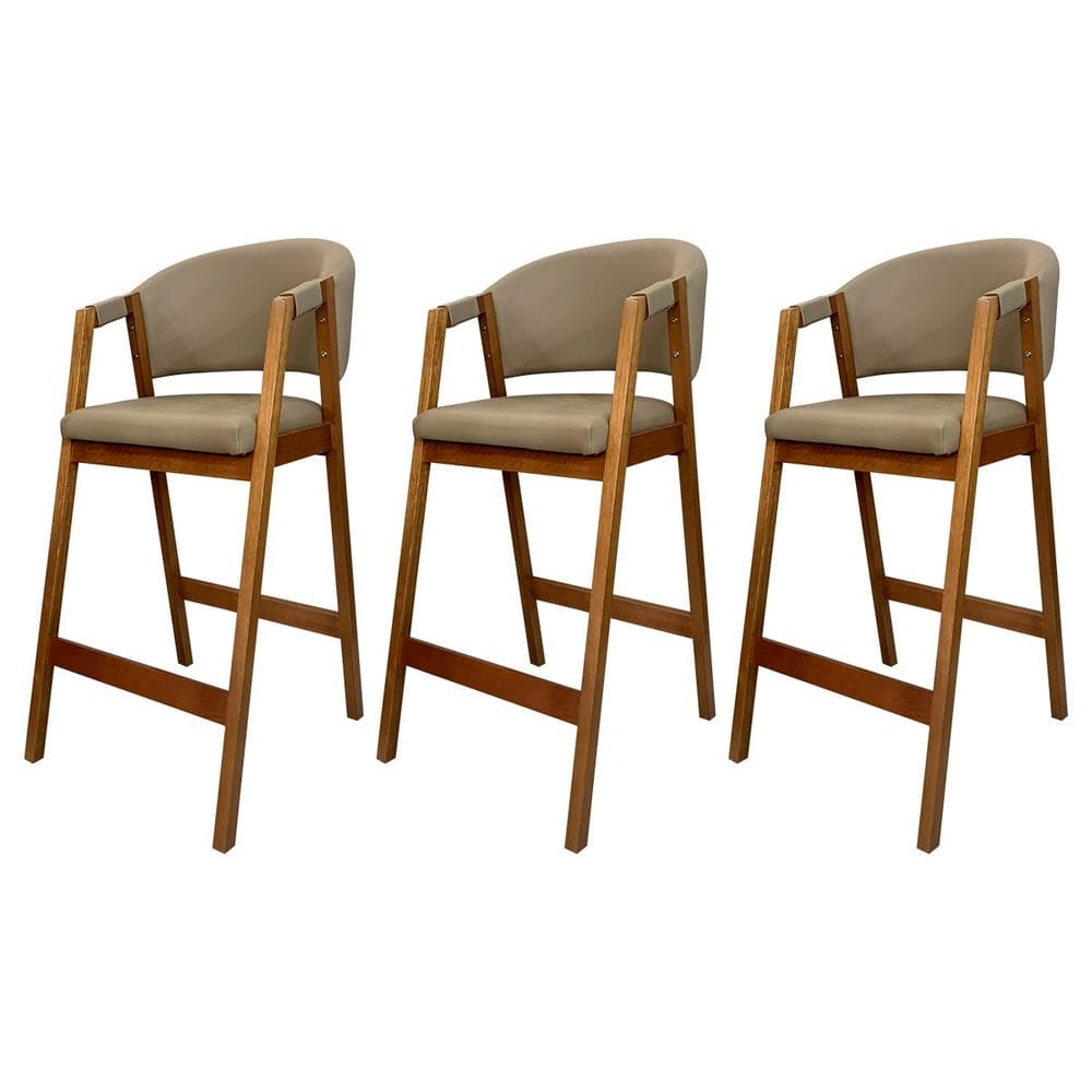 Kit 3 Banquetas de Madeira Estofada Impermeável Ravena Amêndoa Monterey Bege