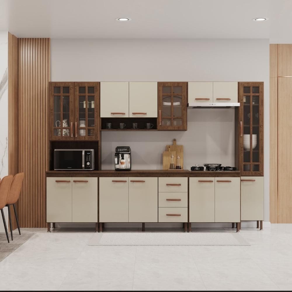 Cozinha Modulada Completa Fidelitá Lisboa 6 Peças 295cm 15 Portas 3 Gavetas Com Tampo Noce/Off-White