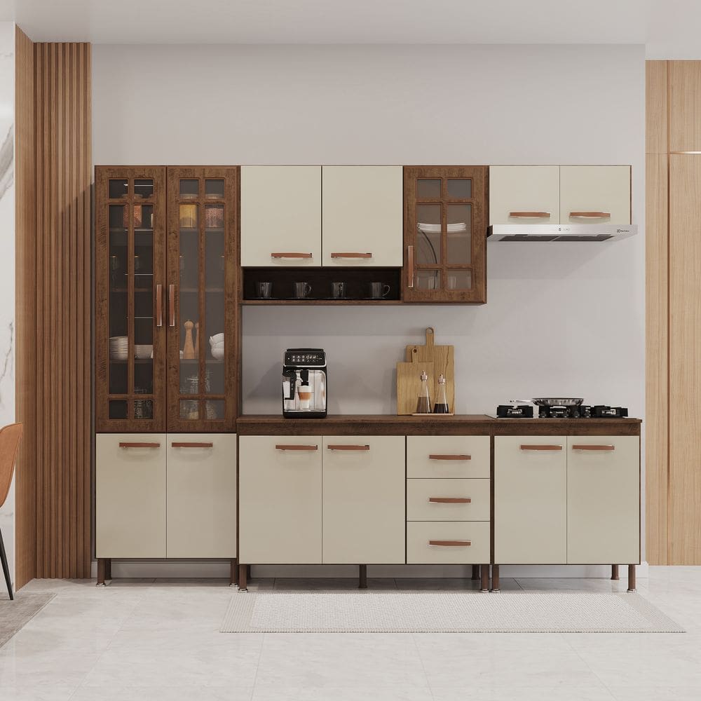 Cozinha Modulada Completa Fidelitá Lisboa 5 Peças 260cm 13 Portas 3 Gavetas Com Tampo Noce/Off-White