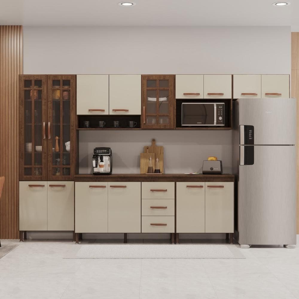 Cozinha Modulada Completa Fidelitá Lisboa 6 Peças 330cm 15 Portas 3 Gavetas Com Tampo Noce/Off-White