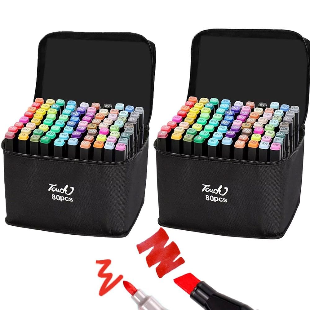 Caneta Canetinhas Estojo 80 Cores Ponta Dupla Kit 2 Uni Marcador Permanente Arte Desenho Pintura