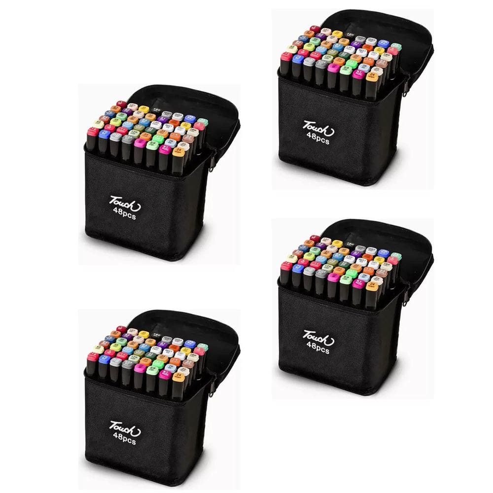 Caneta Canetinha Permanente 48 Cores Kit 4 unidades Ponta Dupla Bolsa Com Alça Pintura Desenho Arte Faculdade Escola Cartaz Moda Trabalho