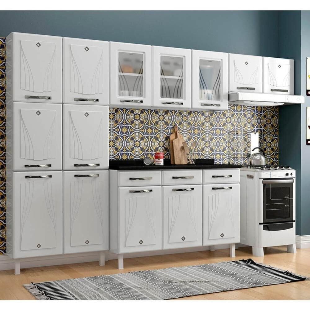 Cozinha Completa Modulada de Aço 4 Peças com Vidros e Balcão Multimóveis CR20356