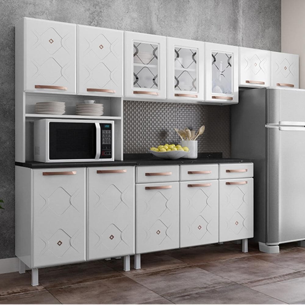 Cozinha Completa Modulada de Aço 4 Peças com Vidros e Balcão Multimóveis CR20353