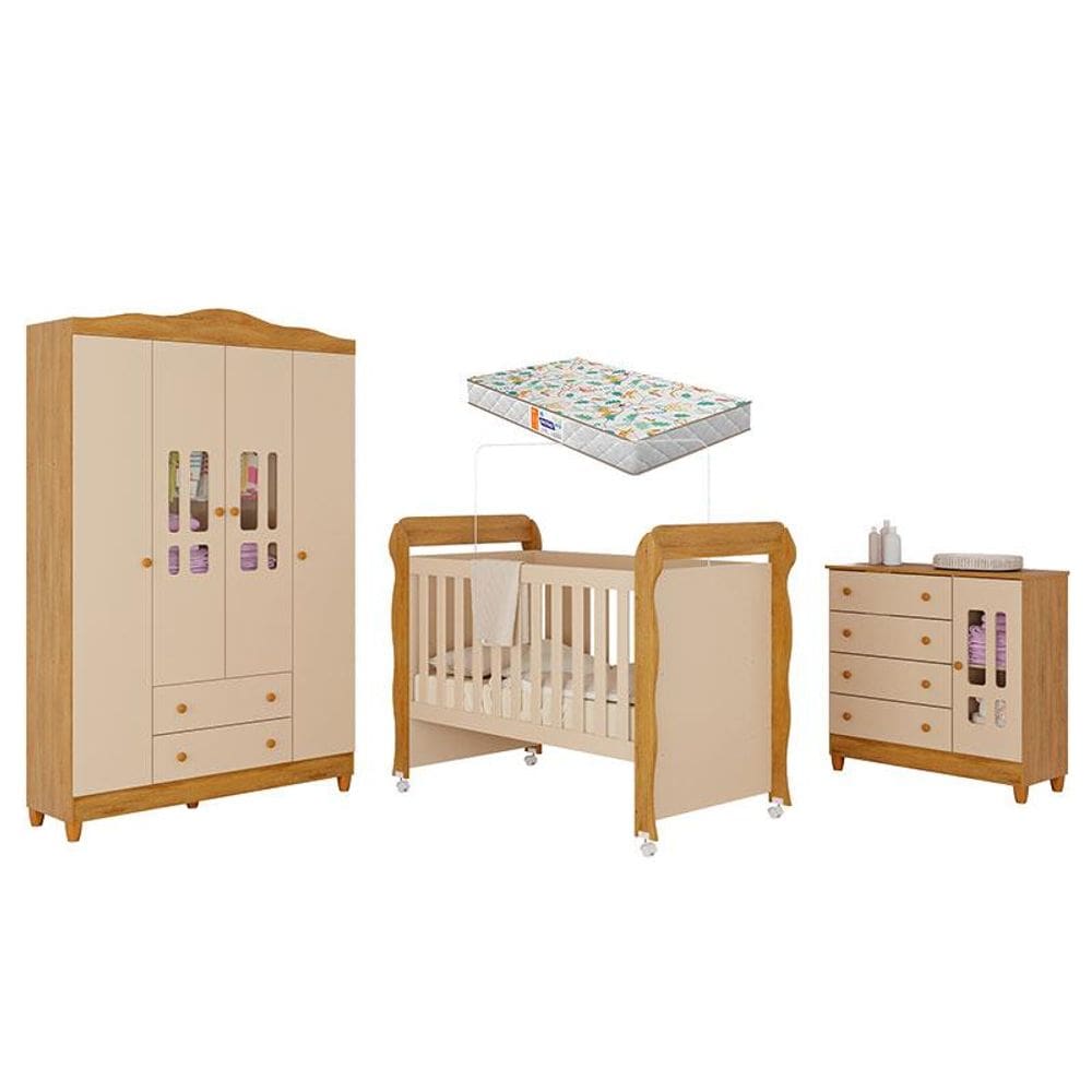 Quarto de Bebê Ariel 4 Portas com Berço Americano Mirelle Off White Bétula com Colchão Gazin –Carolina Baby