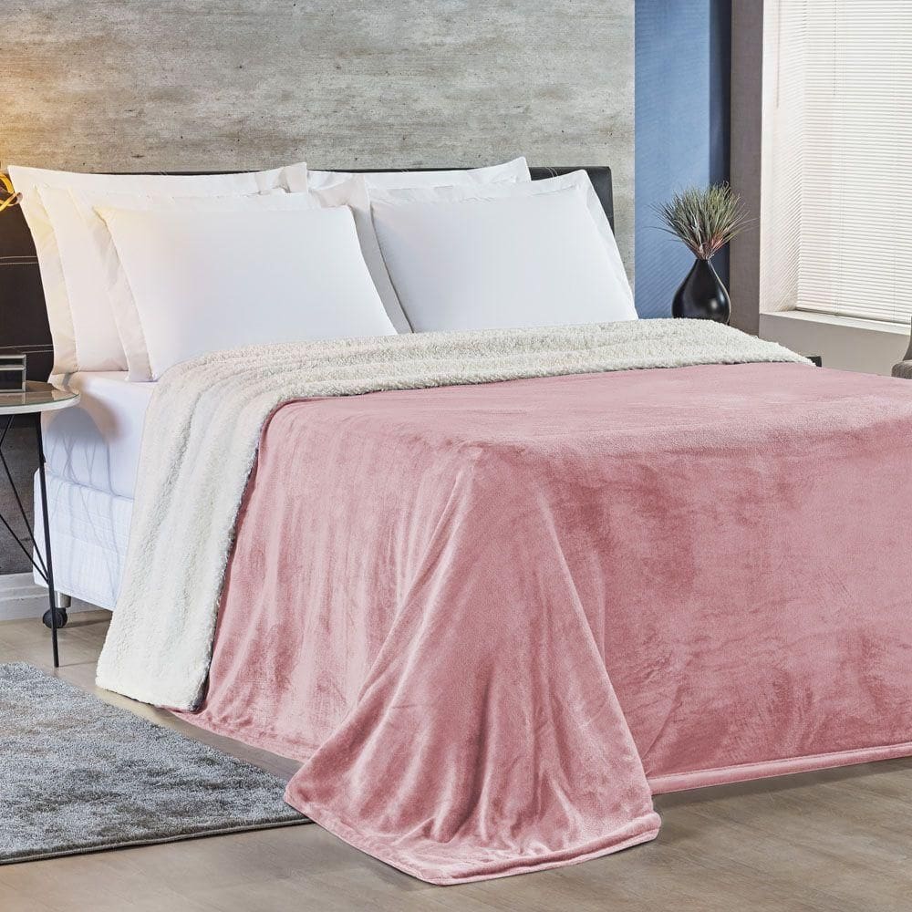 Cobertor Casa Scarpa Fênix Queen Sherpa Pele De Carneiro + Mantinha Flannel - Rosa
