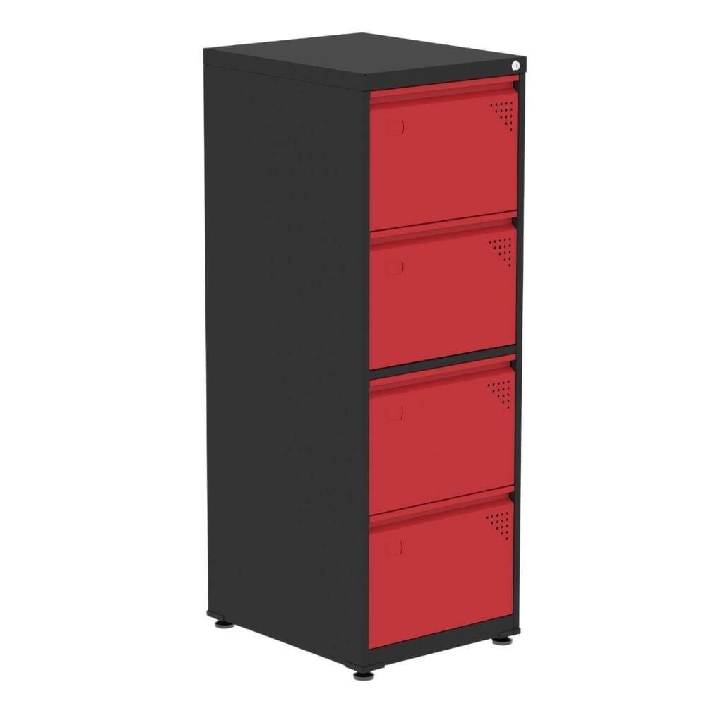 Armário de Arquivo Oficio 4 Gavetas Pandin 47 cm (Larg) Aço Preto c/ Frente Gaveta Vermelha c/ Chave