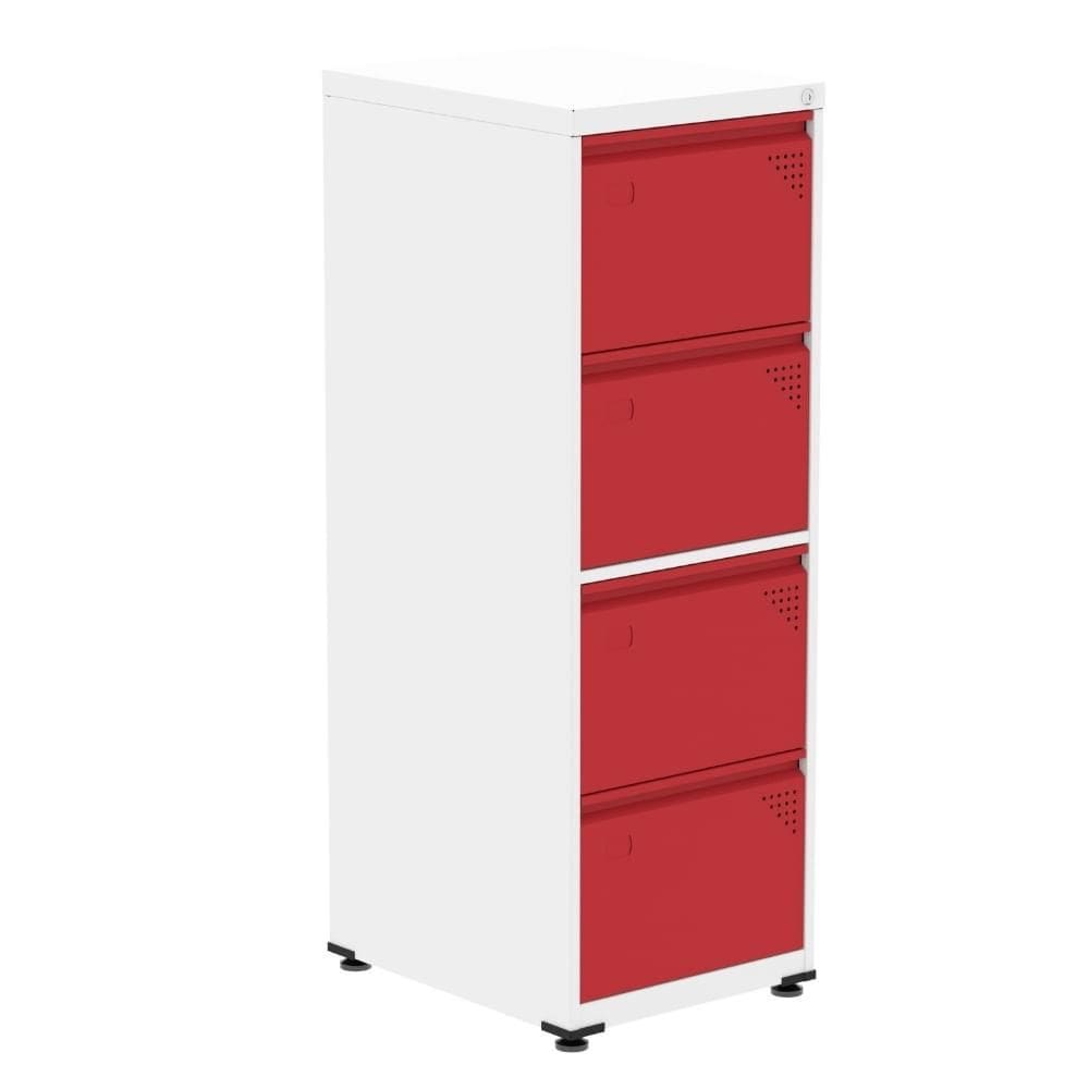 Armário de Arquivo Oficio 4 Gavetas Pandin 47cm (Larg) Aço Branco c/ Frente Gaveta Vermelha c/ Chave