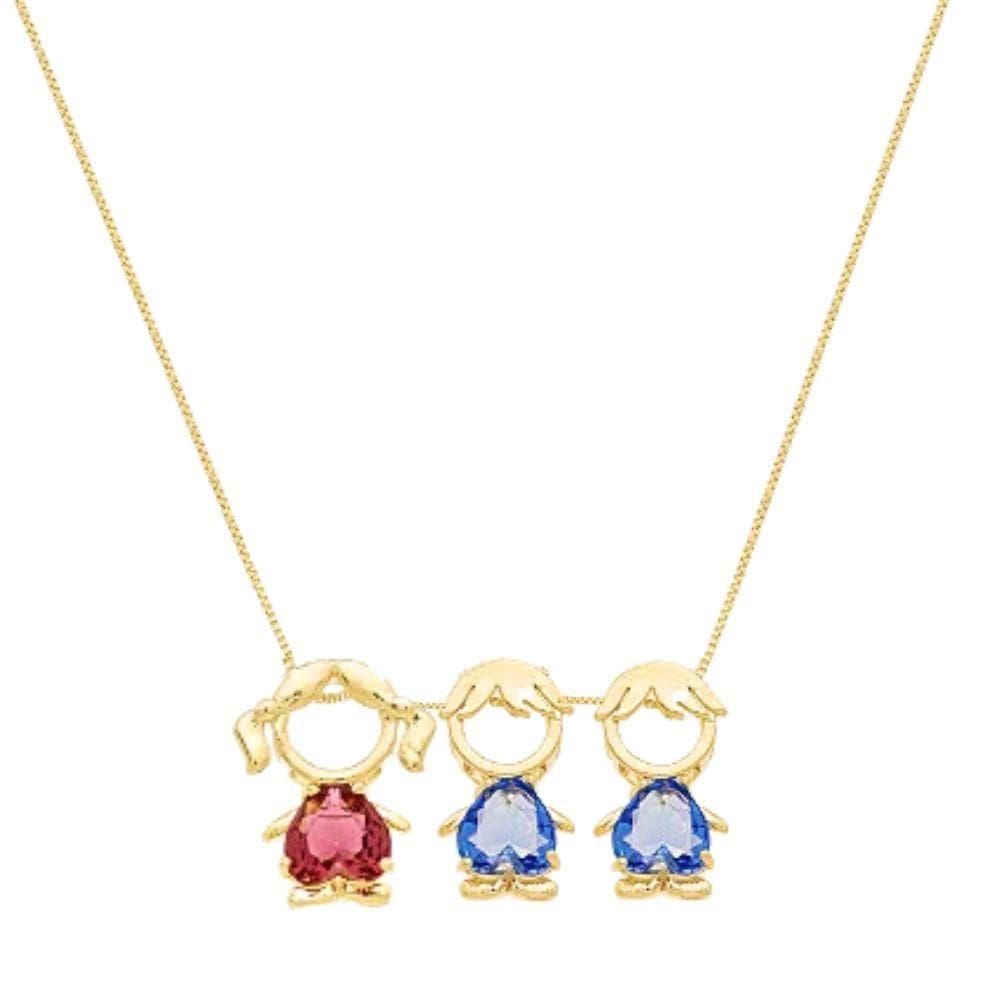 Colar Mãe E Filhos Menina E Menino Cristal Banhado Ouro 18k